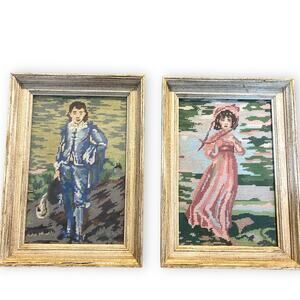 2 Vintage Pinkie Blue Boy Neelepoint Tapestry Hollywood Regency Rococo Revival